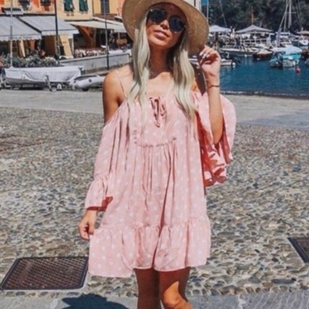 Tularosa pink polka dot flowy baby doll dress